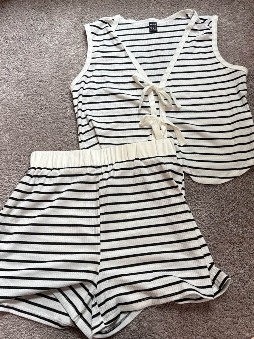 SHEIN Black & Cream Striped Ribbed Tank Top and Shorts Pajama Set